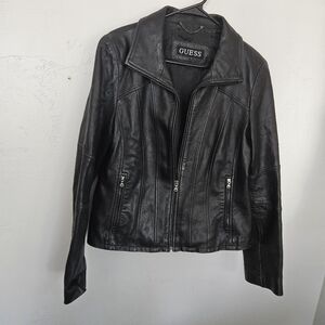Guess Vintage Women's Large Black Leather Jacket Full Zip Coat Y2K Date Night